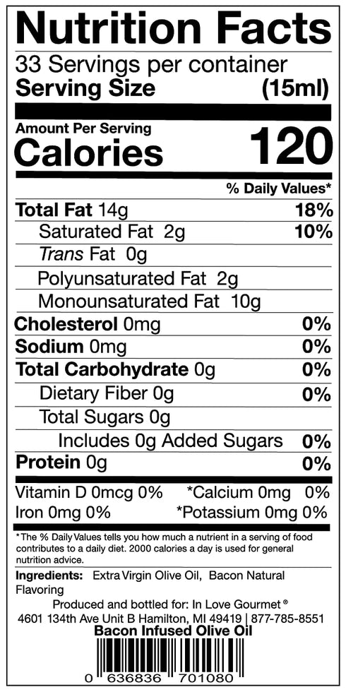 500ml-16.9oz In Love Gourmet Bacon Natural Flavor Infused Olive Oil Best Bacon Oil Choice for Meats, Veggies, Popcorn
