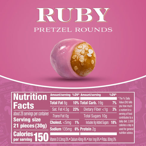 30oz Squirrel Brand Ruby Cacao Pretzel Rounds, Resealable Jar, Sweet & Salty Crunchy Snack, Gourmet Ruby Couverture