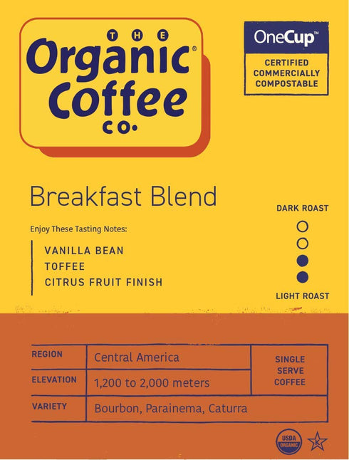 (36 The Organic Coffee Co. Compostable Coffee Pods - Breakfast Blend Ct) K Cup Compatible, Medium Roast, USDA Organic