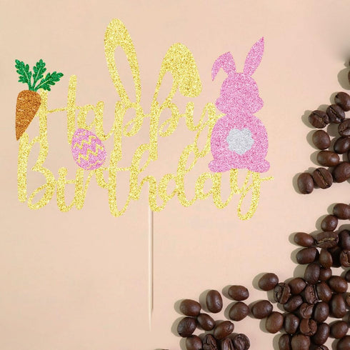 Easter Happy Birthday Cake Topper Glitter Paper - Happy Easter Birthday Cake Decor with Bunny Egg Elements Party