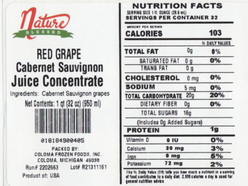 100% -1 (1/32 oz Nature Blessed Pure Cabernet Sauvignon Red Grape Fruit Juice Concentrate Quart fl bottle), Great