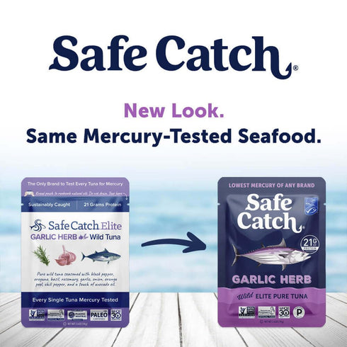 2.6oz, Pack 12 Safe Catch Elite Lowest Mercury Wild-Caught Tuna Fish Pouch, Garlic Herb Flavor, Gluten-Free, Paleo