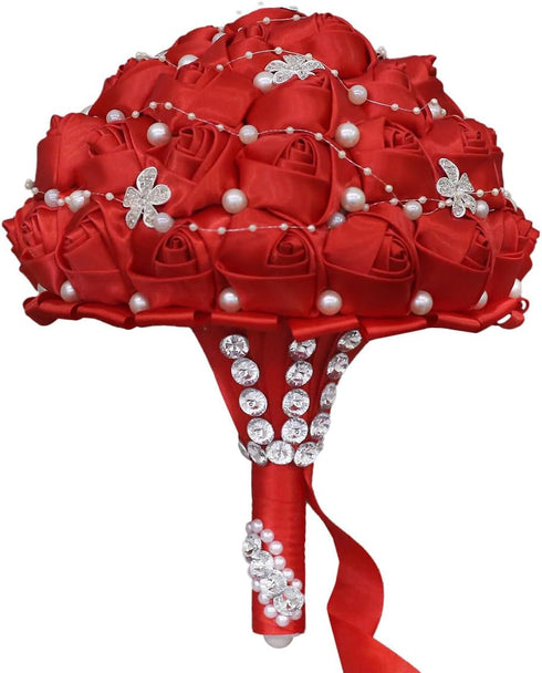 ZGHQHCDRH 10" 11 Wedding Bouquet for Bride Handmade Satin & Rhinestone Round Bouquet, Colors, Zero Maintenance