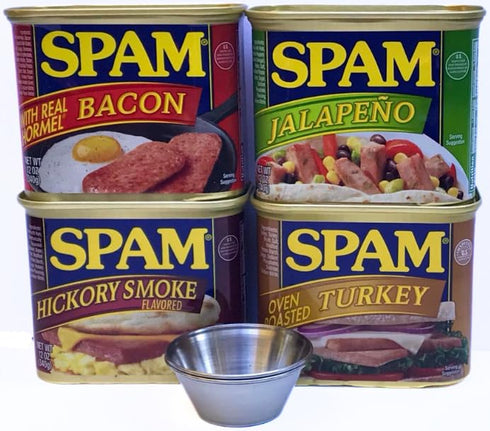 Chicerr Spam Variety 4 Pack (Bacon, Hickory Smoke, Jalapeno, Turkey) Bundle with Two
