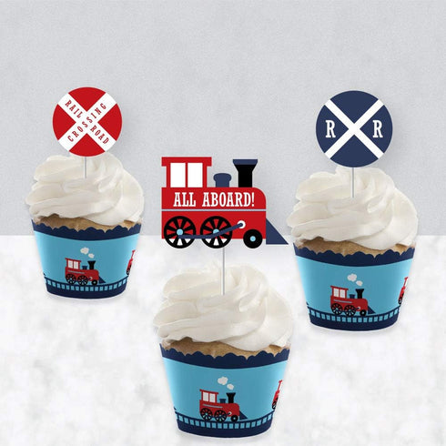 Set 24 Big Dot of Happiness Railroad Party Crossing - Cupcake Decoration - Steam Train Birthday Party or Baby Shower