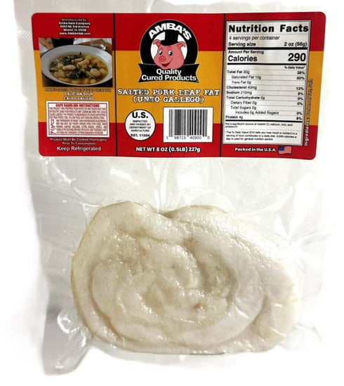 Generic 8 oz (0.5 lb) Salted Pork Leaf Fat, (Unto), Used As Flavoring For Galician Soup Recipe. Unto Gallego Para