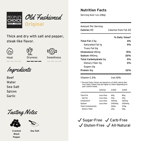 16g 1 (16 oz) Peoples Choice Beef Jerky Old Fashioned Original Sugar Free, Zero Carb, Protein, Keto Friendly Dry