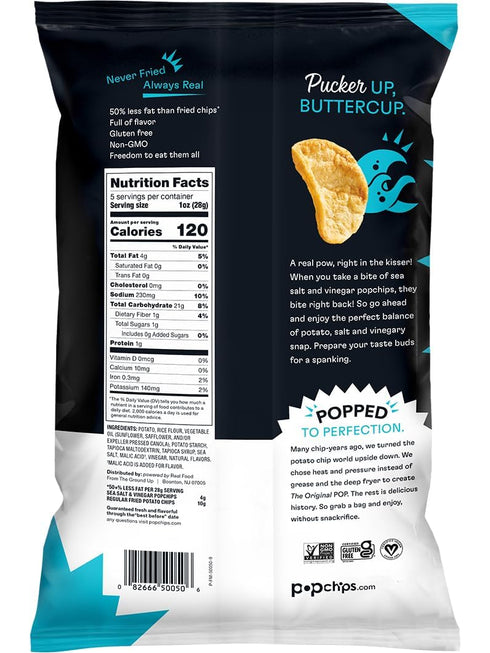 5.0 oz. 130 Popchips Potato Chips, Sea Salt & Vinegar, Share Bags, Low-Calorie, Gluten Free, Salty Snacks for Adults