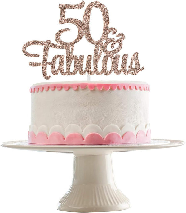 50 and Fabulous Rose Gold Glitter 50th Birthday Cake Topper for Women
