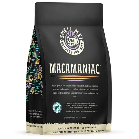 12 Oz Bones Coffee Company Macamaniac, Macadamia and Coconut Flavored Coffee, Medium Roast Low Acid Arabica Beans