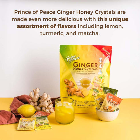 30 Prince of Peace Instant Ginger Honey Crystals Assorted, Sachets Instant Hot or Cold Beverage that Soothes Throat