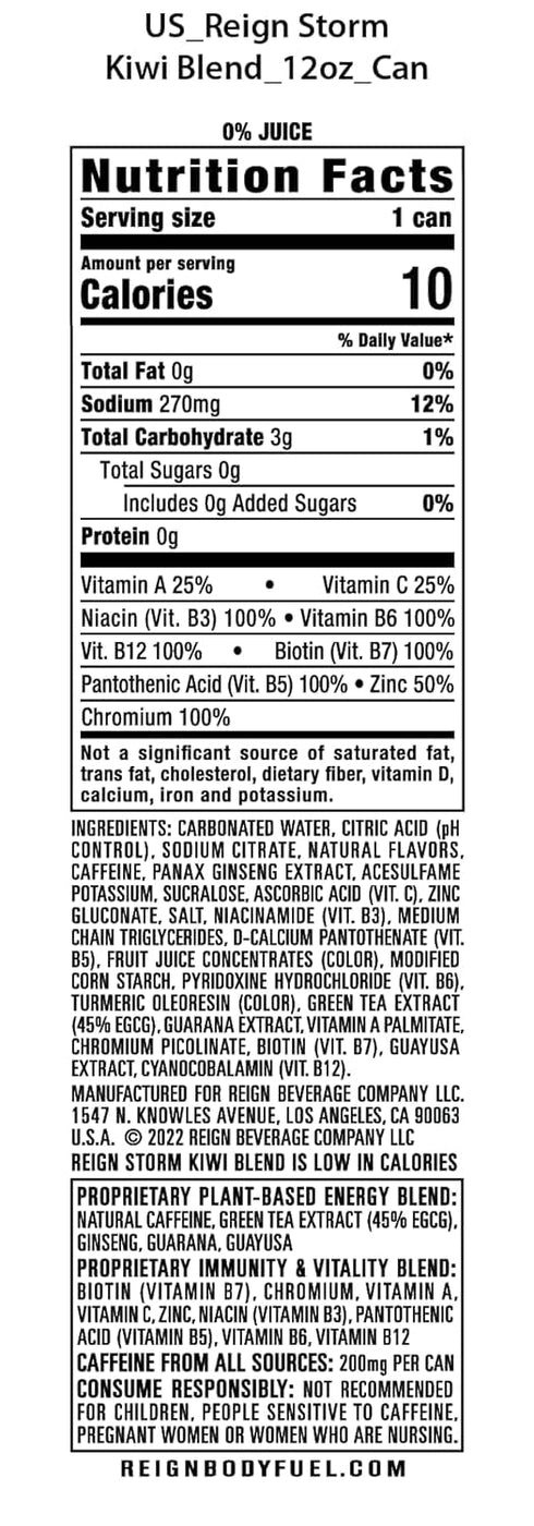 12 Oz (Pack 6) 200mg REIGN Storm Kiwi Blend Energy Drink, Fl Cans of | Plant-Based Caffeine, Biotin, B Vitamins, Zinc
