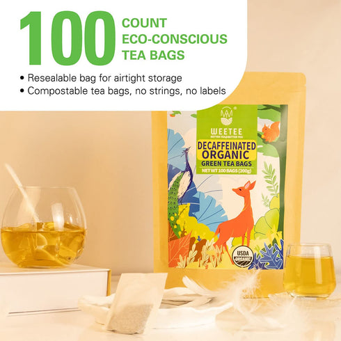 100 Count CO2-Decaffeinated WT WEETEE Organic Decaf Green Tea Bags, Organic Green Tea | | Super Antioxidant |
