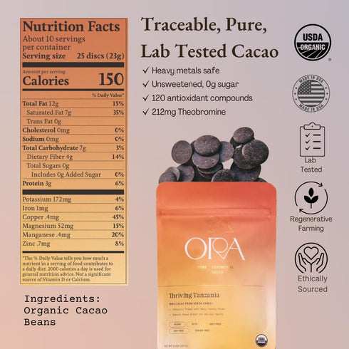 100% 8oz ORA Ceremonial Cacao - Thriving Tanzania - Organic Cacao - Ethical - Regenerative - High Flavanol - Coffee