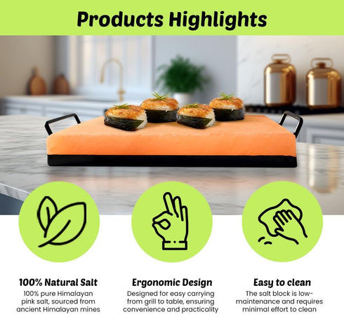 12x8x1.5 POHS Himalayan Salt Block Cooking Plate for Cooking, Grilling, Cutting and Serving, with Metal Tray & Recipe