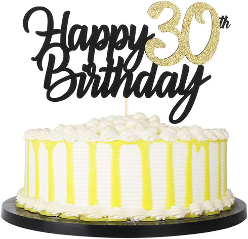 PALASASA Black Gold Glitter Happy Birthday Cake Topper - 30th Anniversary/Birthday Party Decoration