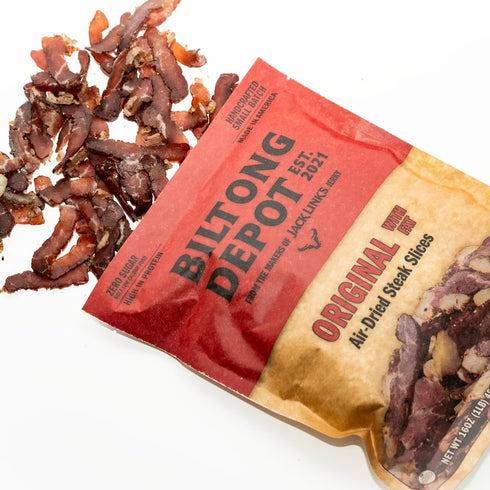 1lb (16oz) Biltong Depot Original Beef Biltong Slices with Fat | Air-Dried Beef Jerky Snack | High Protein | Zero Sugar