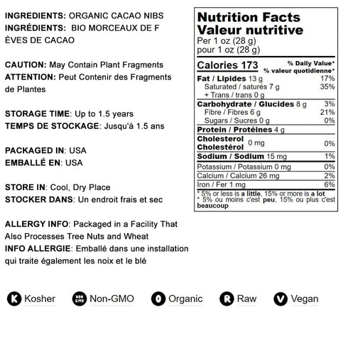 8 Food to Live Organic Cacao Nibs, Ounces - Unsweetened, Non-GMO, Kosher, Raw, Vegan, Sirtfood, Bulk