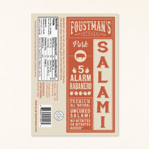 5 8 Oz Foustman's Salami Pork Alarm Habanero Artisanal, Nitrate-Free, Naturally Cured, Gluten-Free, Dairy-Free, Sticks