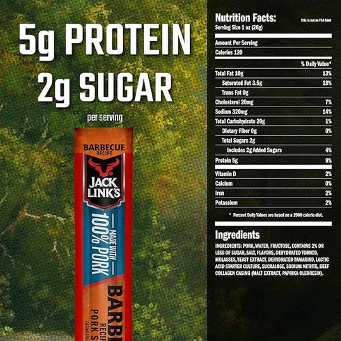 5g 100% 0.92 Oz. (1 Count) Jack Link's Meat Sticks, Barbecue Recipe Pork - Protein Snack Stick with of Protein, Meat