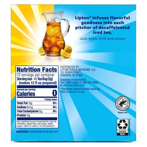 144 (24ct Pack 6) Lipton Decaf Black Iced Tea Bags, Family Size Zero Calories, Total Tea Bags
