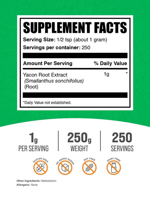 1g 250g (8.8 oz) (Pack 1) BulkSupplements.com Yacon Root Extract Powder - Sugar Substitute, Natural Fiber Sweetener