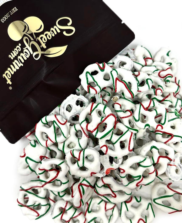 SweetGourmet Yogurt Covered Holiday Drizzle Pretzels | Seasonal Candy | 1 Pound