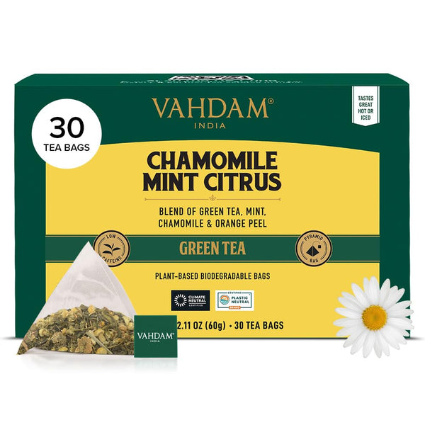 VAHDAM, Chamomile Mint Citrus Green Tea Bags (30 Count) Low Caffeine, Non