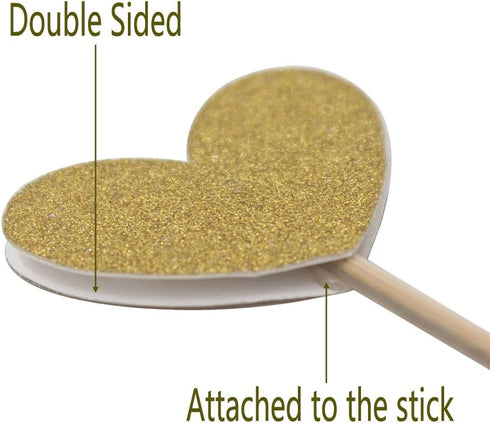 WARMBUY 50 Pack Gold Glitter Cupcake Toppers with Sticks for Baby Bridal Shower Birthday Party (Heart)