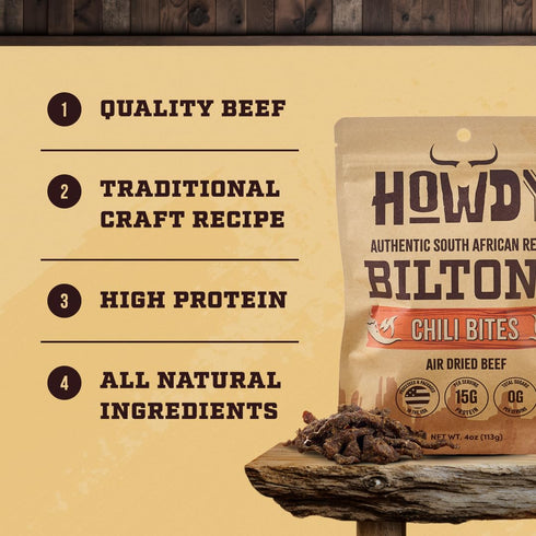 4 Pack (16oz HowdySnax Biltong Chili Bites Total) Bulk Spicy Beef Snack HighProtein Keto & Paleo No Preservatives Made