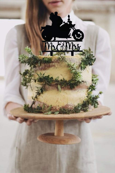 Motorcycle Cake Topper, Black Acrylic Bride & Groom, Funny Mr & Mrs Wedding Engagement Party Decor