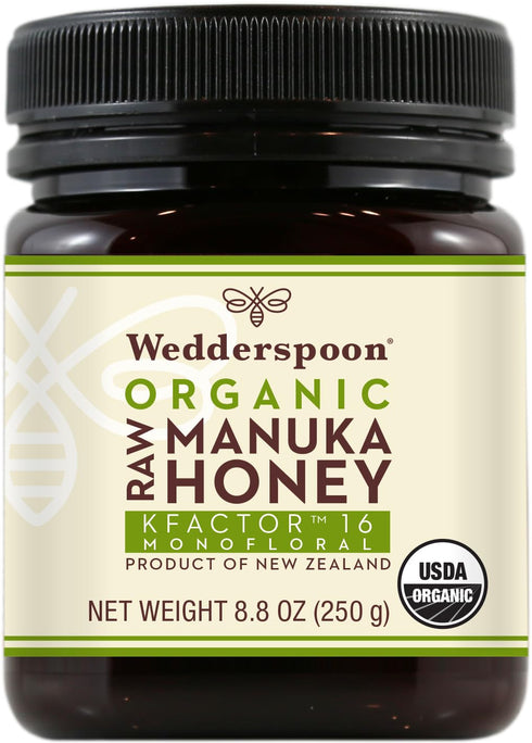 Wedderspoon Raw Organic Manuka Honey KFactor 16+, 8.8 Oz, Unpasteurized New Zealand Honey, Non-GMO Superfood