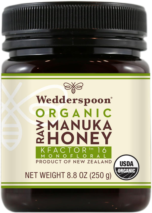 Wedderspoon Raw Organic Manuka Honey KFactor 16+, 8.8 Oz, Unpasteurized New Zealand Honey, Non-GMO Superfood
