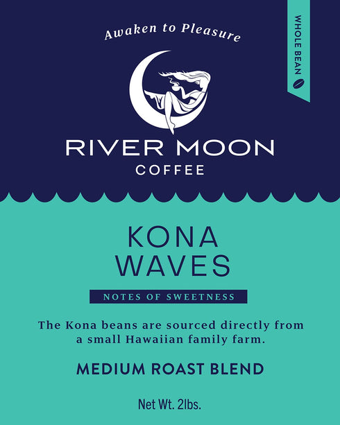 2 lbs, 100% River Moon Coffee, Kona Coffee Whole Bean, Medium Roast, Kona Waves Hawaiian Blend, Sustainably Farmed