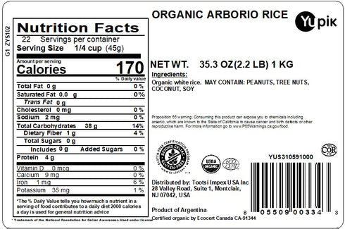 2.2 lb (35.2 oz), Yupik Organic Arborio Rice, Gluten-Free, Vegan, Non-GMO, USDA Certified, Perfect for Creamy Risottos