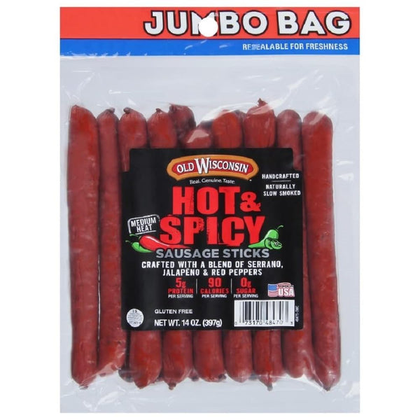 Old Wisconsin Hot & Spicy Sausage Snack Sticks, Naturally Smoked, Ready to