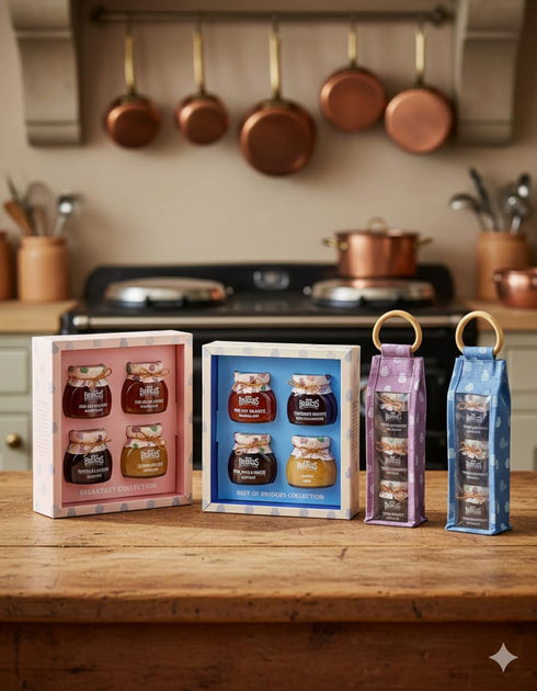 Set, Mrs Bridges Tall Triple Gift Strawberry Preserve with Champagne, Lemon Curd and Fine Cut Marmalade
