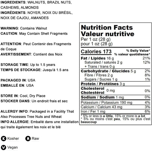 8 Food to Live - Mixed Raw Nuts, Ounces Cashews, Brazil Nuts, Walnuts, Almonds, Unsalted, Raw, Kosher, Vegan, Bulk