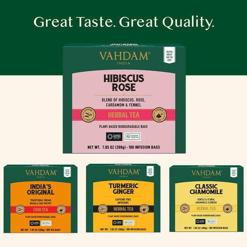 VAHDAM Hibiscus Rose Tea Bags - 100% Whole Hibiscus Flowers Herbal Tea Bags (100 Count) with Rose, Chamomile & Spices