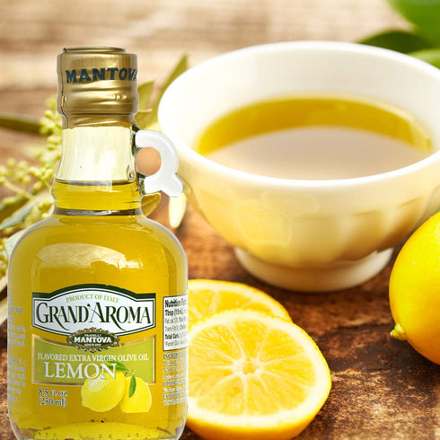 100% 8.5 oz (Pack 3) Mantova GrandAroma Lemon Flavored Extra Virgin Olive Oil, made in Italy, cold-pressed, natural