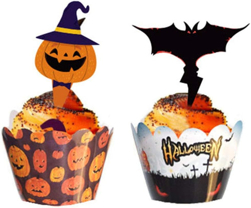 48 Pieces Halloween Cupcake Toppers Kit for Halloween Cake Decoration with Cupcake Wrappers