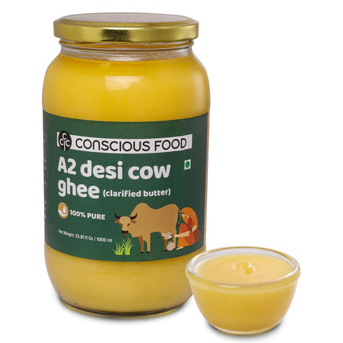 A2 33.814 Oz (1L), 100% Conscious Food Desi Cow Ghee - Fl Clarified Butter - Pure and Premium, Cultured Ghee, Natural