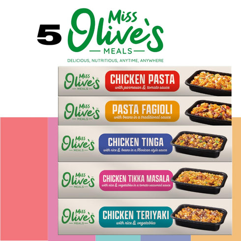 Pack 5 Pack Miss Olives Ready Meals Variety of Ready-to-Eat Microwaveable Meals Tinga, Tikka, Teriyaki, Pasta Fagioli