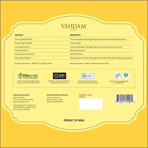 Pack (6 36 Set VAHDAM, Assorted Herbal Tea Variety Variants, Tea Bags) Caffeine Free, Gluten Free, Non GMO | Eco