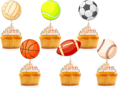Morndew 24 PCS Sports Fan Cupcake Toppers - Basketball, Baseball, Soccer, Volleyball for Theme Party Decorations