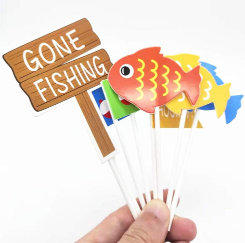 TUKIMA 21 PCS Pastel Blue Fishing Cake Toppers for Birthday & Baby Shower Parties