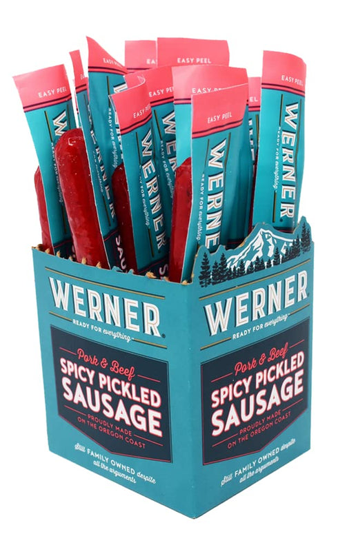 Pack 24 1.7 Werner Spicy Pickled Sausage of Pork & Beef Sausages Ounce Individually Wrapped Meat Snacks