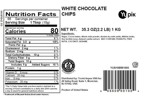 2.2 lb (35.2 oz), Yupik White Chocolate Chips, Gluten-Free, Kosher, Small Size, Made with Cocoa Butter, Sweet Flavor