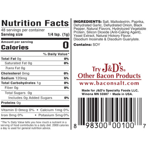2.6 J&D's Bacon Salt, Original, Ounce, Bacon-Flavored Seasoning Salt, Vegan, Vegetarian, Kosher