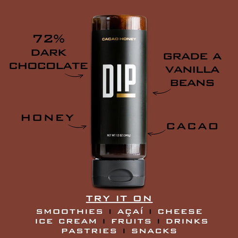12 oz, (12oz 1 Pack) Dip Cacao Honey Premium Condiment with Honey, Cacao, & Grade A Vanilla Beans. Non-GMO